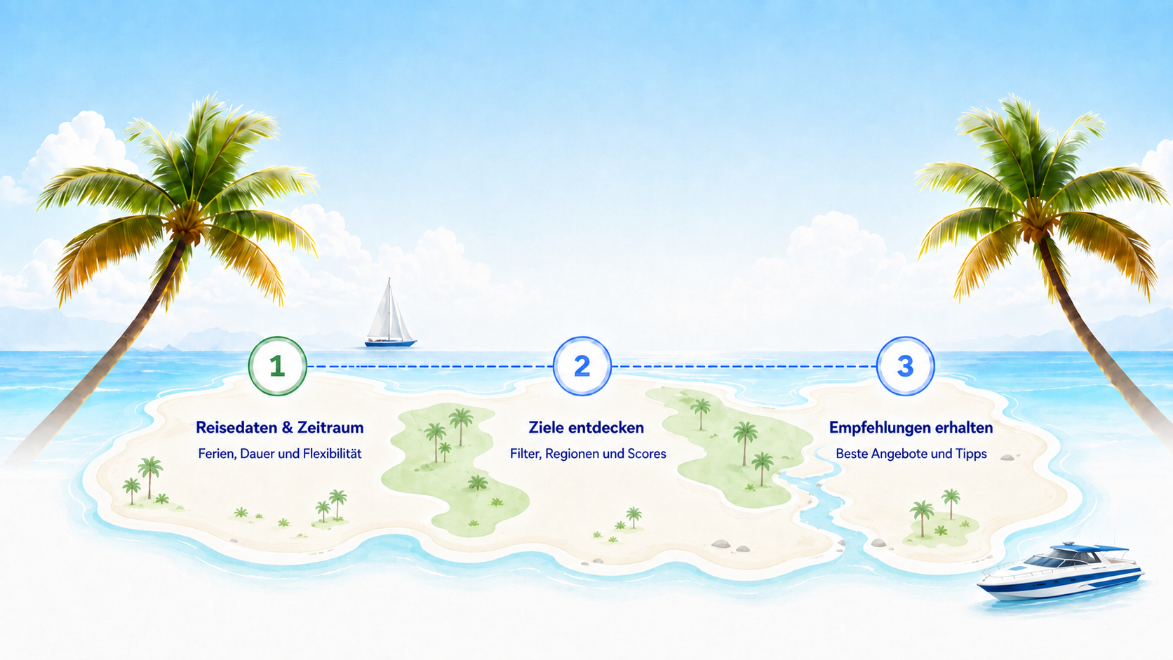 Tropische Inselgrafik mit Palmen und Meer
